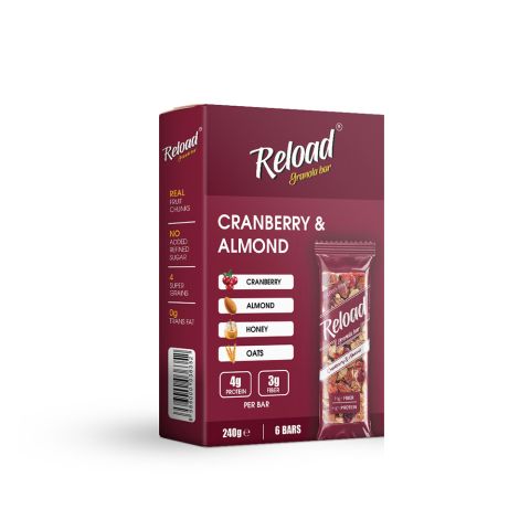 Reload Cranberry & Almond Granola Bars, High Fiber & Protein, Gluten Free, 40g Each, 6-Pack