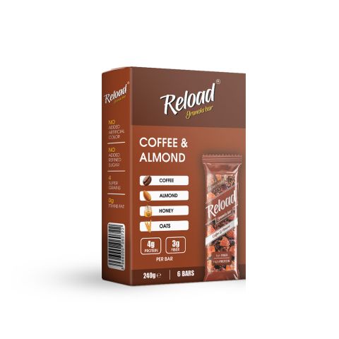 Reload Coffee & Almond Granola Bars, High Fiber & Protein, Gluten Free, 40g Each, 6-Pack