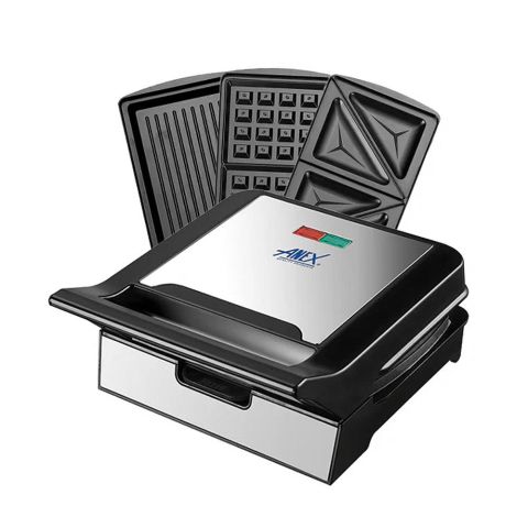 Anex Deluxe 3 In 1 Sandwich Maker, 700-800W, Black & Silver, AG-2039C