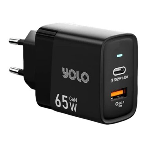 YOLO Dual Port USB-A & USB-C Fast Gan Charger, 65W, Black, Y-651
