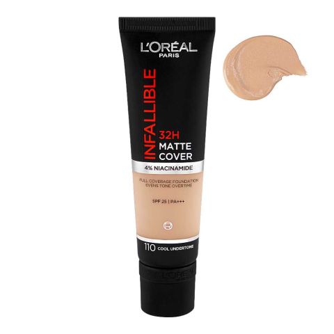 L'Oreal Paris Infallible 32H-Matte Cover Foundation, 4% Niacinamide, SPF25 PA+++ 110 Cool Undertone, 30ml