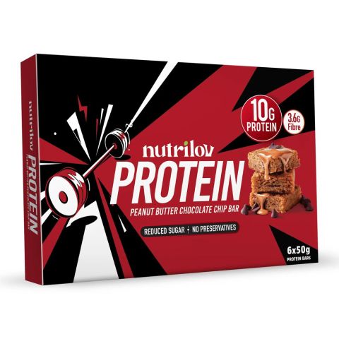 NutriLov Protein Peanut Butter Chocolate Chip Bar, Less Sugar, 6 X 50g