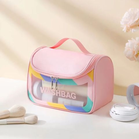 AJF PVC Waterproof Cosmetic Bag, Rainbow Border, Pink