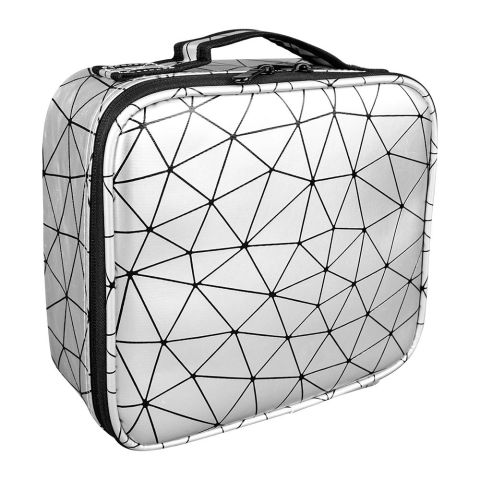 AJF PU Diamond Print Cosmetic Bag Organizer, Large, 25 x 22 x 8cm, Silver