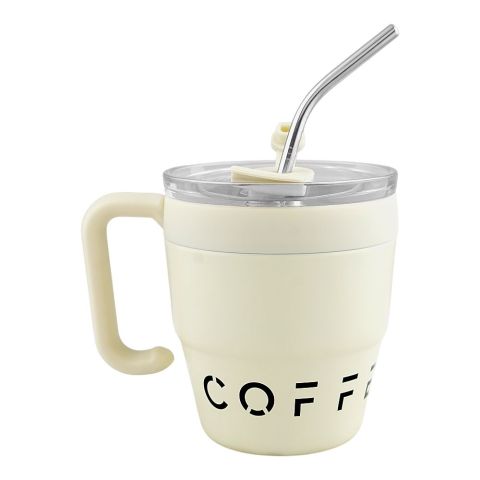 AJF Korean Insulated Stainless-Steel Coffee Mug With Straw, 460ml, Off White