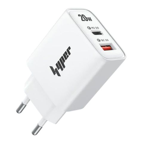 Yolo Hyper 20W PD& QC Super-Fast Charger, 1 X USB-A & 1 X USB-C Port, With Cable, White, Y-201I