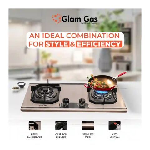 Glam Gas Built In Hob 2 Satinless Steel Auto Ignition Burner Heatrayz, LPG, Hob Food book-F2