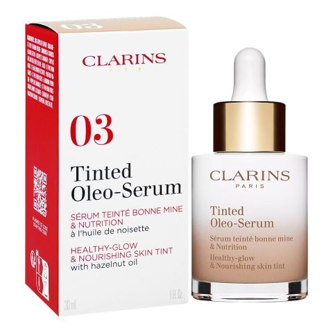 Clarins Paris Tinted Oleo-Serum Healthy Glow & Nourishing Skin Tint, Hazelnut Oil, 03, 30ml