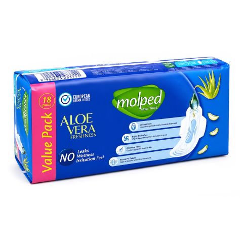 Molped Maxi Thick Aloevera Freshness Pads, Long, Value Pack, 18-Pack