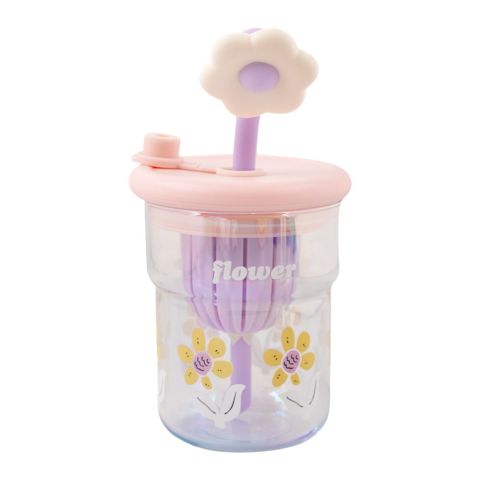 AJF Happy Cup Flower Printed Glass Mug With Straw & Detox Filter, 500ml, GB-14, Pink