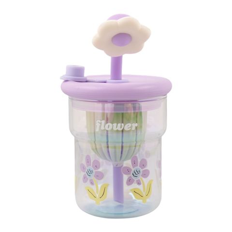 AJF Happy Cup Flower Printed Glass Mug With Straw & Detox Filter, 500ml, GB-14, Purple
