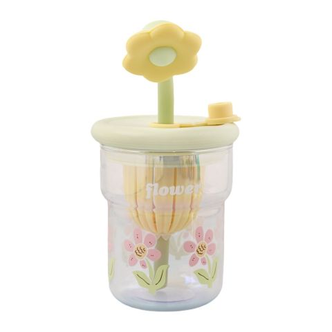 AJF Happy Cup Flower Printed Glass Mug With Straw & Detox Filter, 500ml, GB-14, Green
