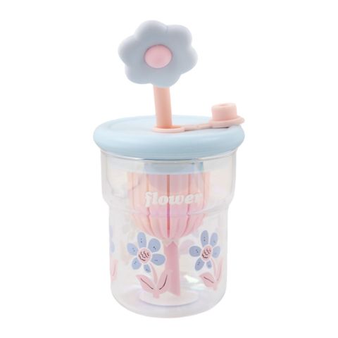 AJF Happy Cup Flower Printed Glass Mug With Straw & Detox Filter, 500ml, GB-14, Sky Blue