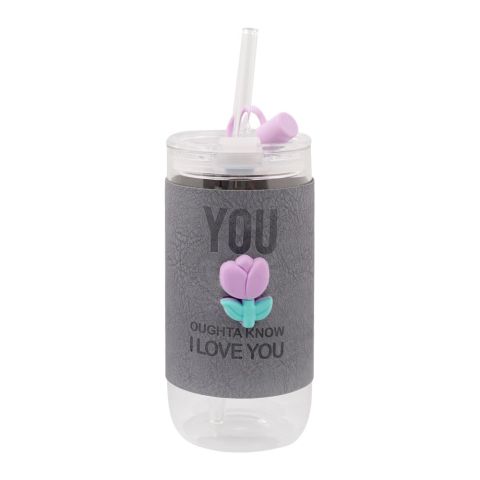 AJF Flower Glass Bottle With Glass Straw, 300ml, GB-19, Grey