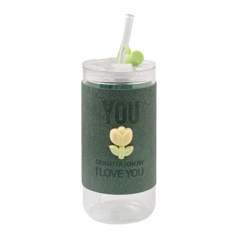 AJF Flower Glass Bottle With Glass Straw, 300ml, GB-19, Green