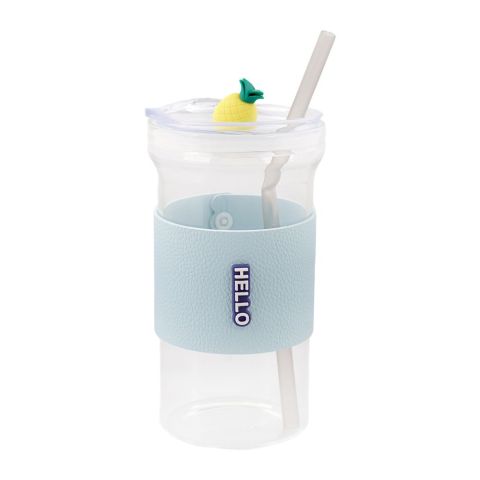 AJF Hello Glass Bottle With Straw, 350ml, GB-22, Sky Blue