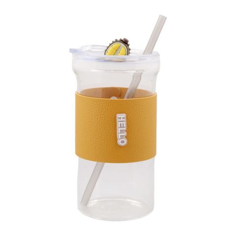 AJF Hello Glass Bottle With Straw, 350ml, GB-22, Mustard