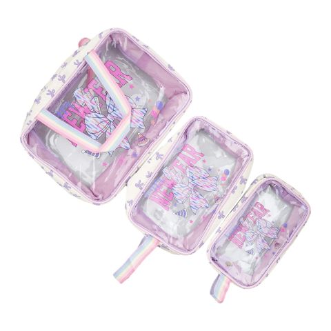 AJF New Year Clear Cosmetic Bag With Rainbow Handle Top, Purple, 3-Pack