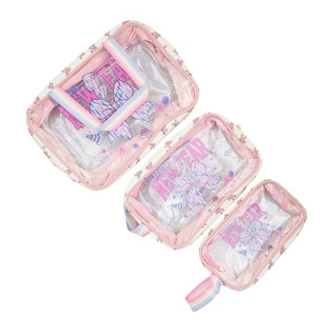 AJF New Year Clear Cosmetic Bag With Rainbow Handle Top Set, Pink, 3-Pack