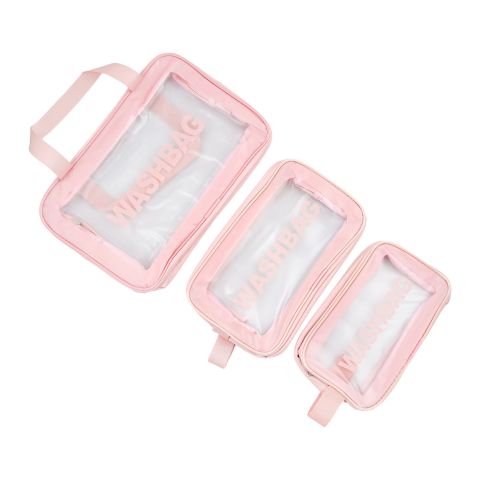 AJF PVC Washbag Waterproof Large Capacity Cosmetic Bag Set, Pink, 3-Pack