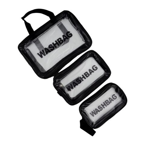 AJF PVC Washbag Waterproof Large Capacity Cosmetic Bag Set, Black, 3-Pack