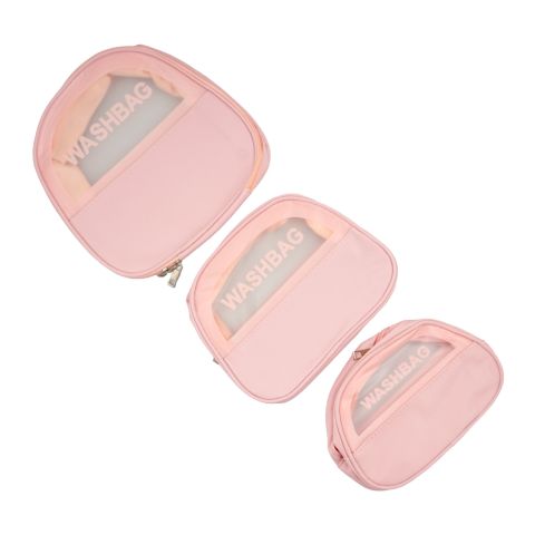 AJF PVC Round Washbag Cosmetic Bag Set, Pink, 3-Pack