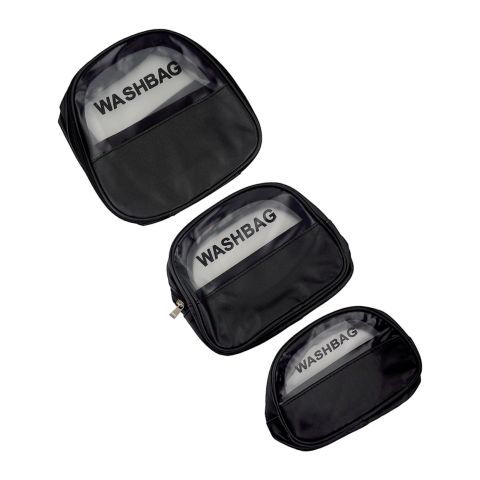 AJF PVC Round Washbag Cosmetic Bag Set, Black, 3-Pack