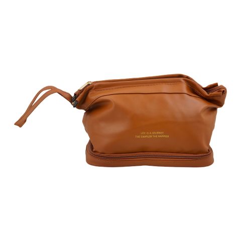 AJF PU Leather Waterproof 2 Layer Travel Cosmetic Bag, Brown