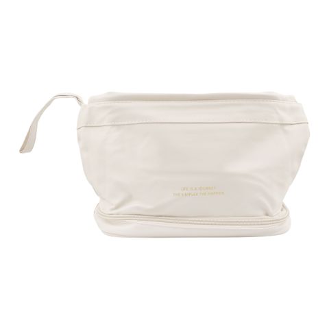 AJF PU Leather Waterproof 2 Layer Travel Cosmetic Bag, Off White