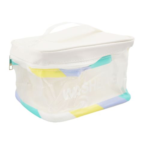 AJF PVC Waterproof Cosmetic Bag Rainbow Border Rectangle Shaped, White