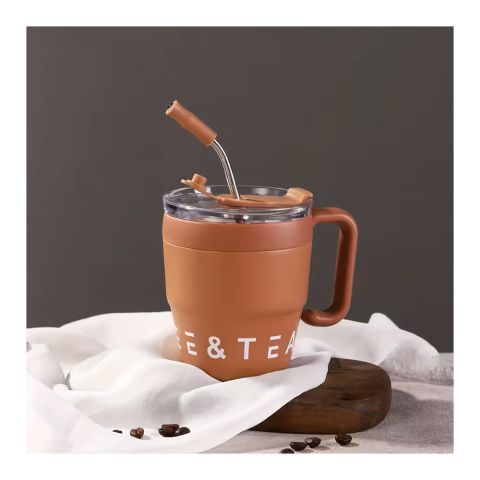 AJF Korean Insulated Stainless Steel Coffee Mug With Straw, 460ml, Brown