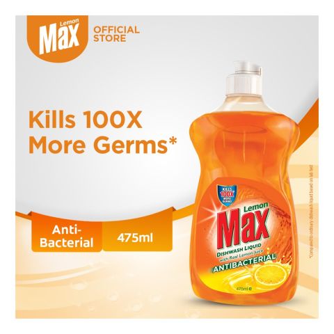 Lemon Max Dishwash Liquid Anti Bacterial, With Real Lemon Juice, 475ml