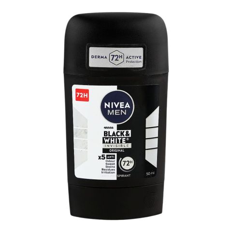 Nivea Men 72H Black & White Invisible Original Deodorant Stick, Anti-Perspirant, 50ml