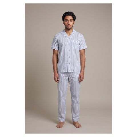 Basix Men's Stripes Short Sleeves Loungewear, 2 Piece Set, Sky Blue & White, LW-843