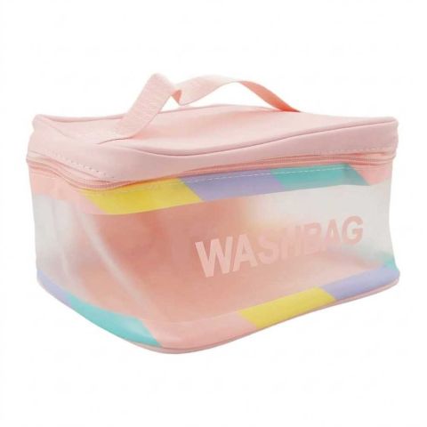 AJF PVC Waterproof Cosmetic Bag Rainbow Border Rectangle Shaped, Pink