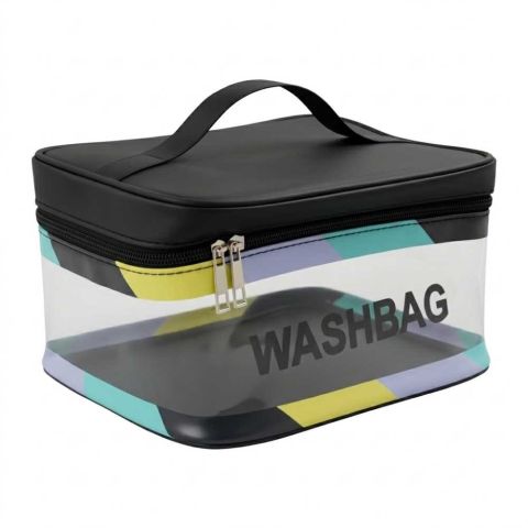 AJF PVC Waterproof Cosmetic Bag Rainbow Border Rectangle Shaped, Black