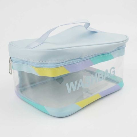 AJF PVC Waterproof Cosmetic Bag Rainbow Border Rectangle Shaped, Blue
