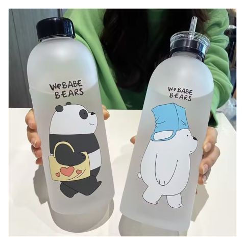 AJF Trendy We Bare Bears Frosted Water Bottle With Straw, 900ml Capacity