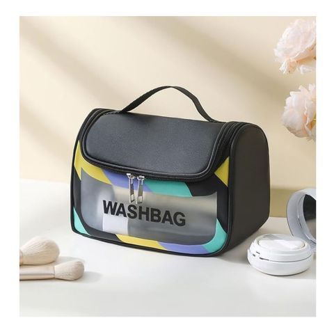 AJF PVC Waterproof Cosmetic Bag, Rainbow Border, Black