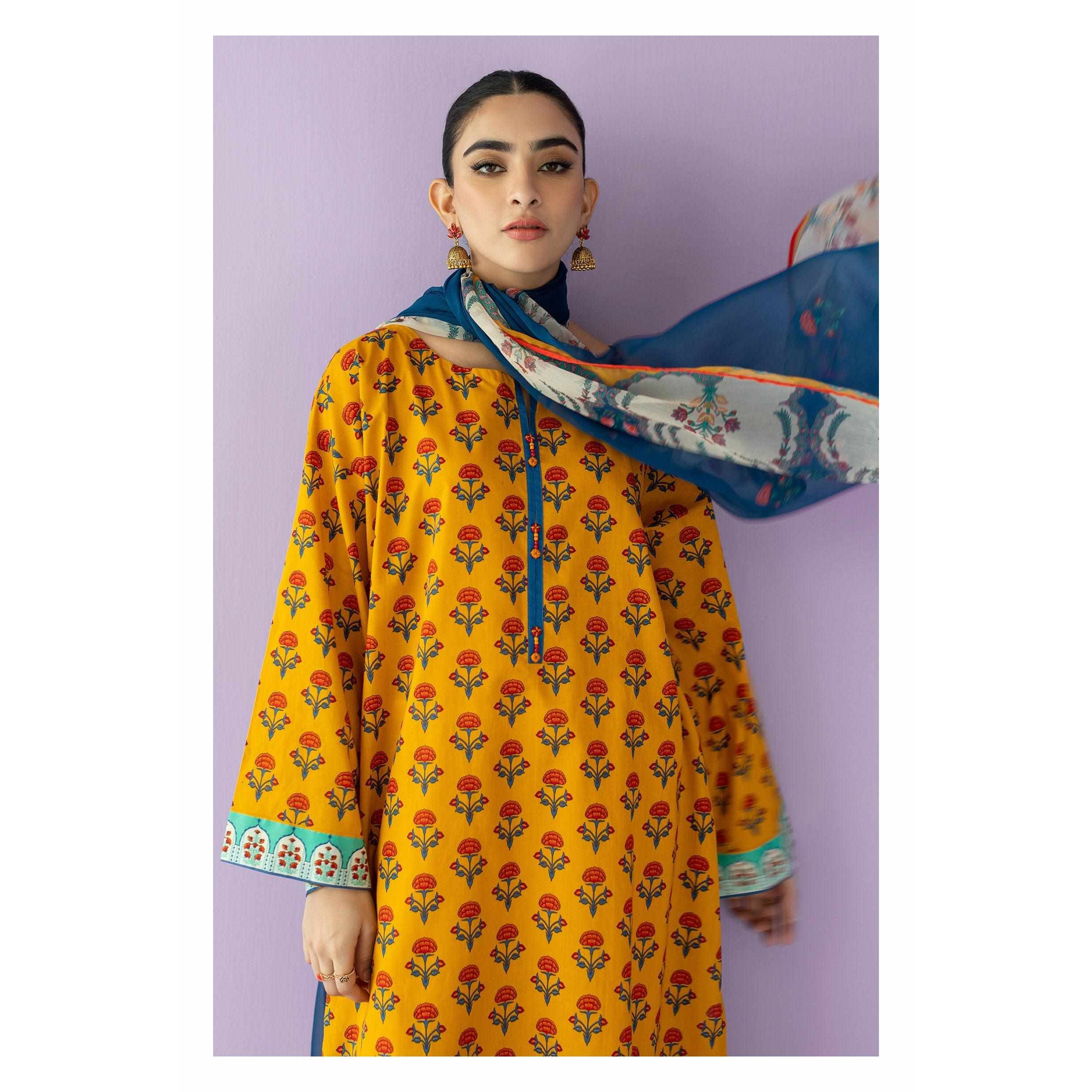 Mustard Tan Geometric Print Chiffon Dupatta with Woven Zari Border main image 0