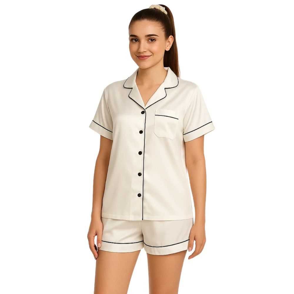 Sajiero Women's Smooth Weave Night Suit Set, Silk, White, 296803 price in Pakistan