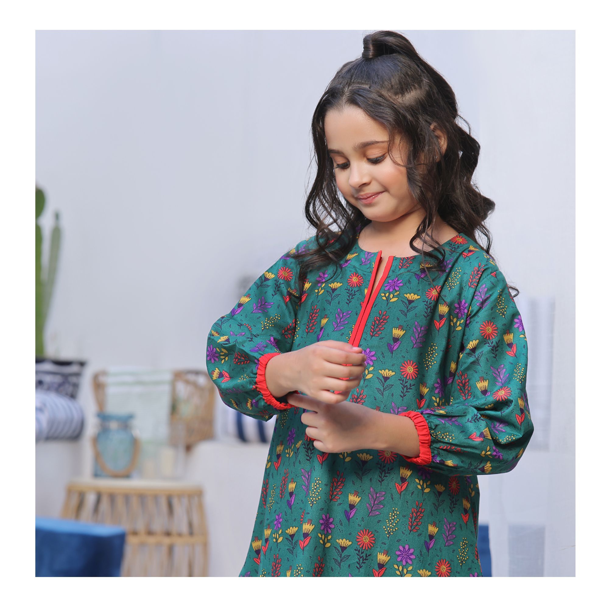 Basix Girls Dark Green Red & Purple Flora Cotton Cambric, 2 Piece - Shirt & Trouser, GRL-160 price in Pakistan