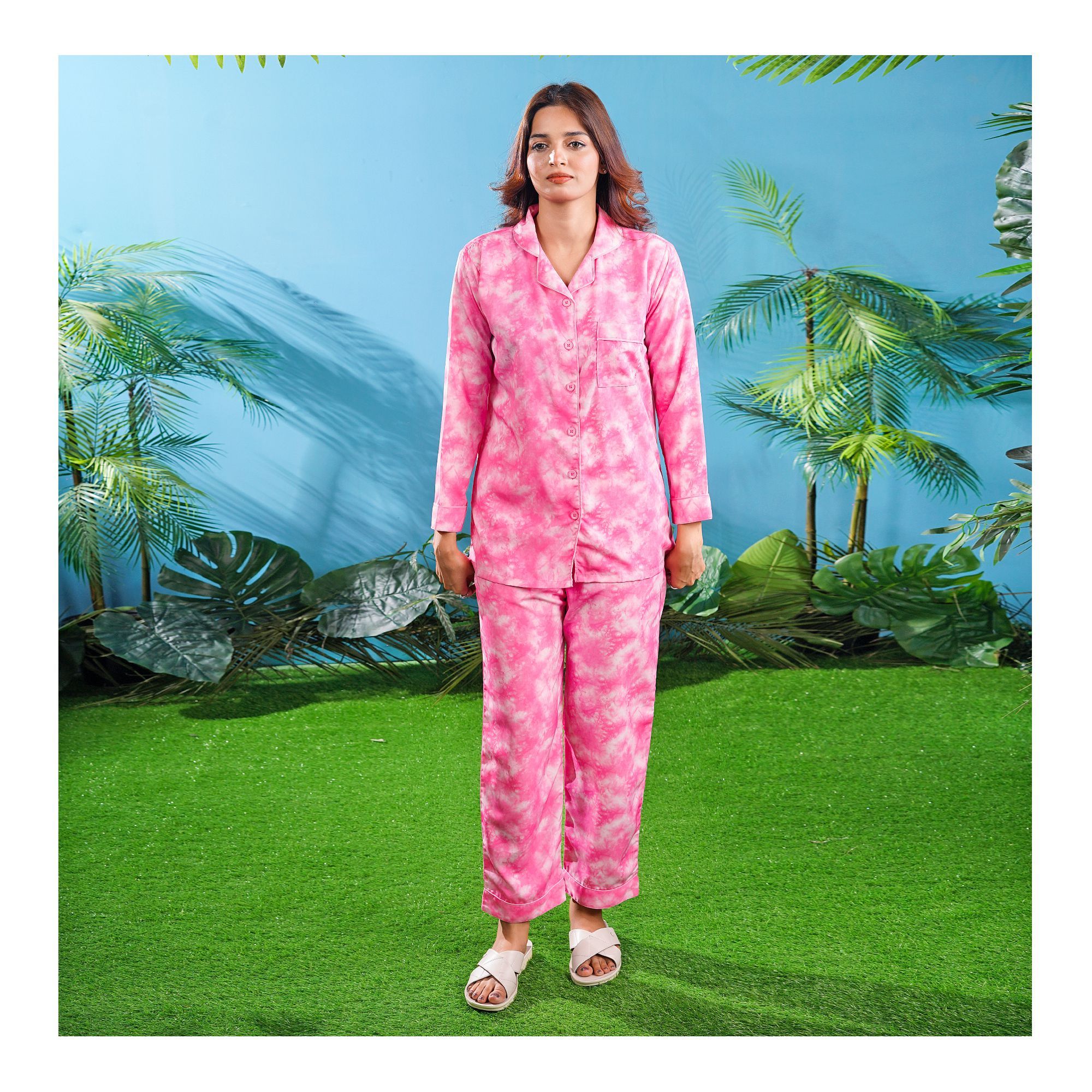 Basix Women's’s Tie & Die Digital Crepe Loungewear Dress, 2-Piece Pajamas Set, Pink & White, LW-651 price in Pakistan