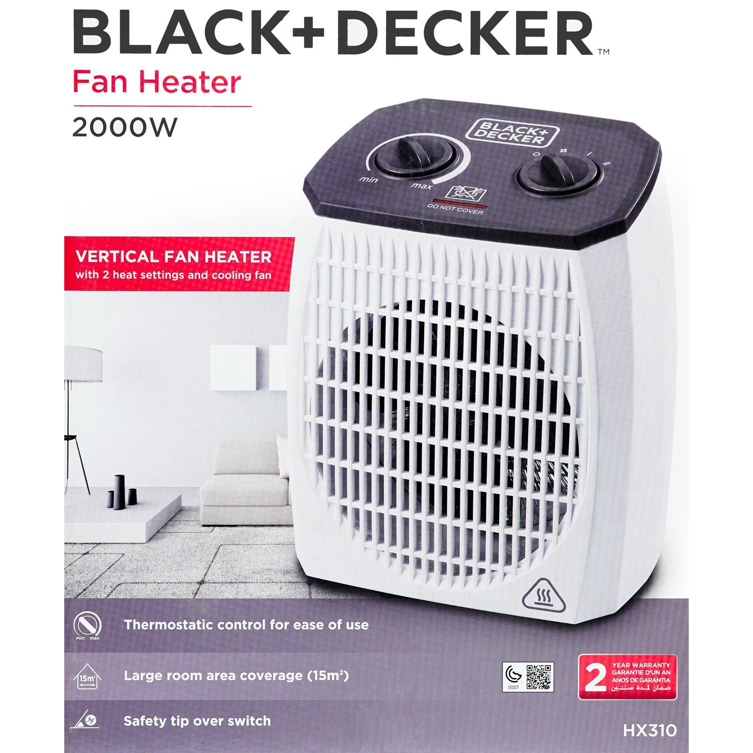 Black+Decker 2000W Vertical Fan Heater, White, 1.44 Kg, Hx310 - 220-240  Volt 50 Hz - World Import