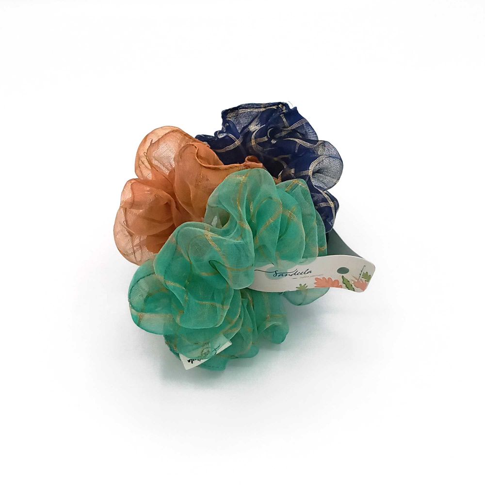 Sandeela Organza Classic Scrunchies, Turquoise/Peach/Navy Blue, 03-04-3008, 3-Pack