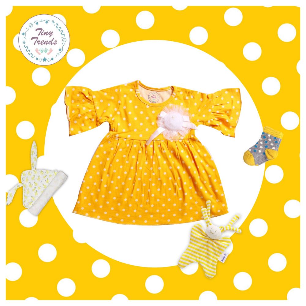 Tiny Trends Pleats Frock With Flower, Yellow Printed Dots
