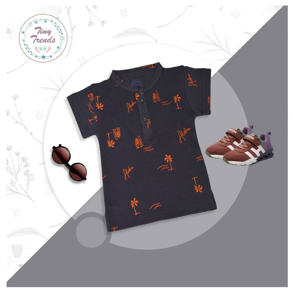 Tiny Trends Boys Polo, Sherwani Collar, Aloha Print Dark Grey