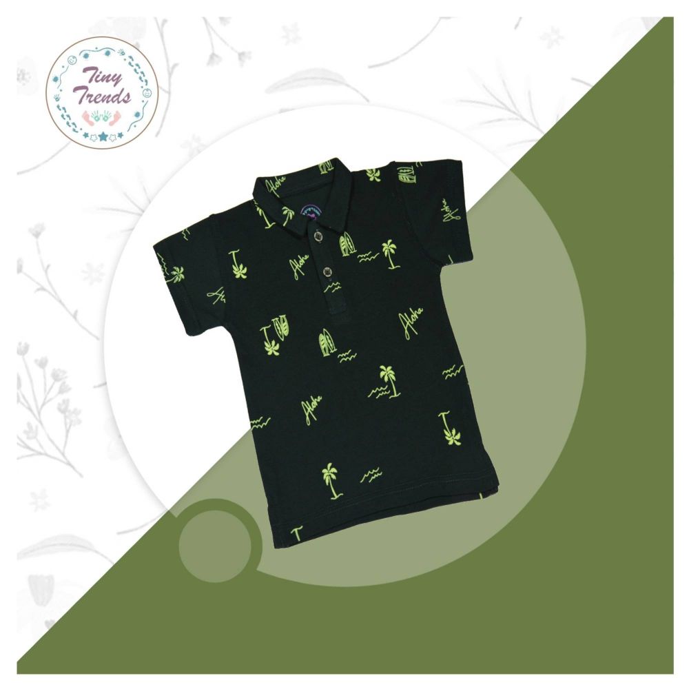 Tiny Trends Boys Polo, Shirt Collar, Aloha Print Green