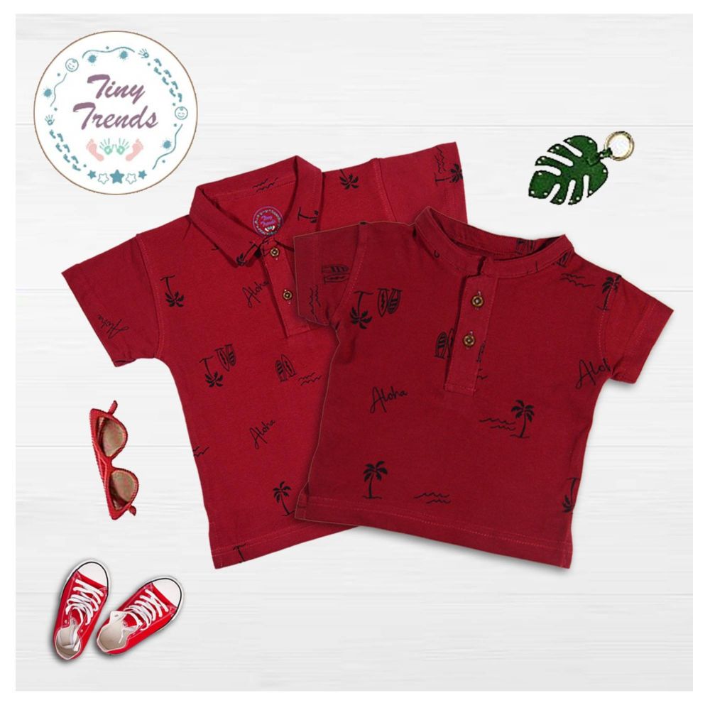 Tiny Trends Boys Polo, Shirt Collar, Aloha Print Maroon