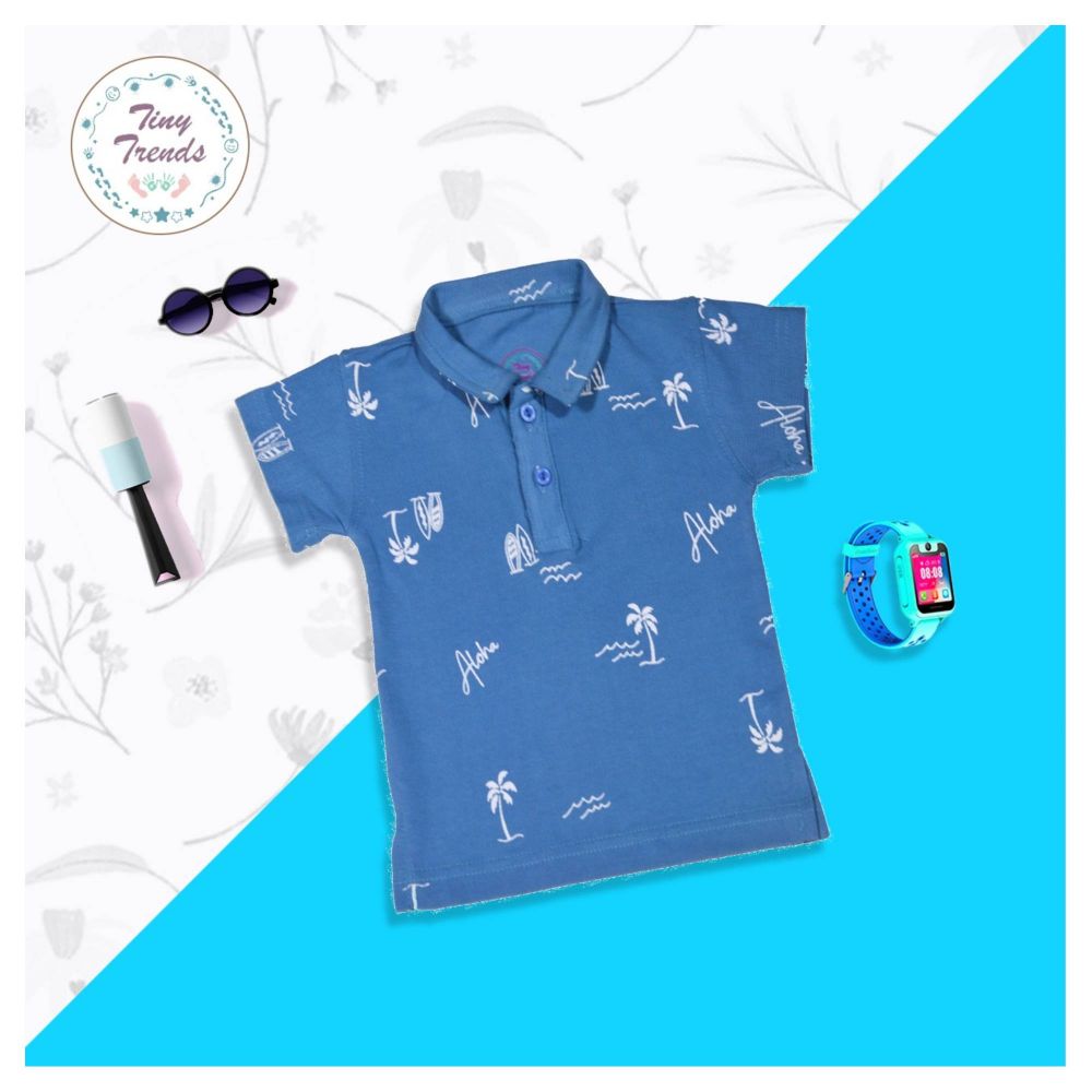 Tiny Trends Boys Polo, Shirt Collar, Aloha Print Royal